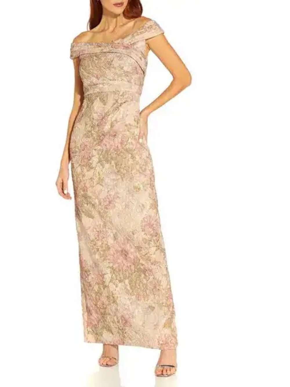 Adrianna Papell Blush Floral Off-Shoulder Lace Maxi Dress